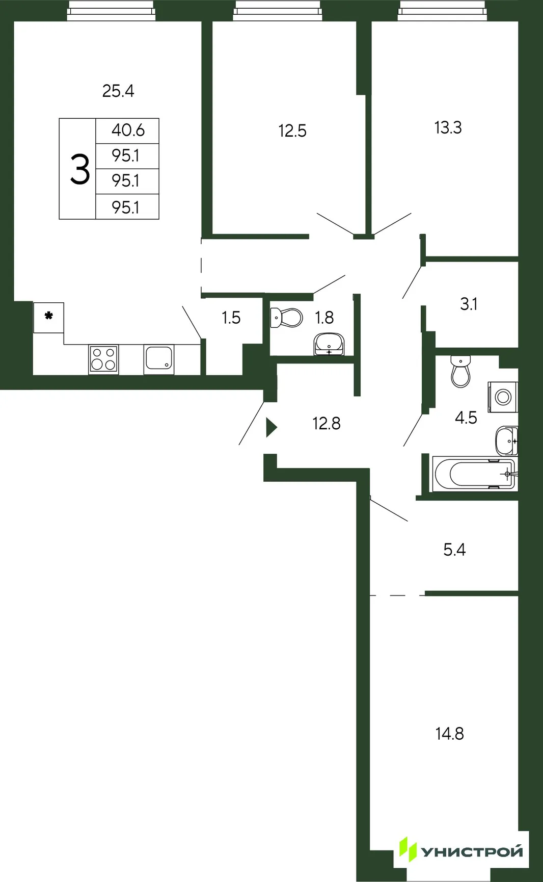 Планировка 3-комн. квартира, 95.1 м² ЖК «Парковый квартал 2.0»