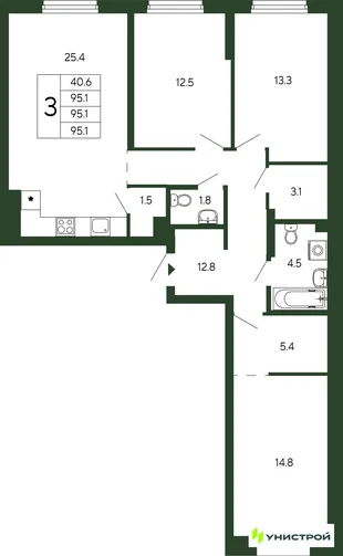 Планировка 3-комн. квартира, 95.1 м² ЖК «Парковый квартал 2.0»