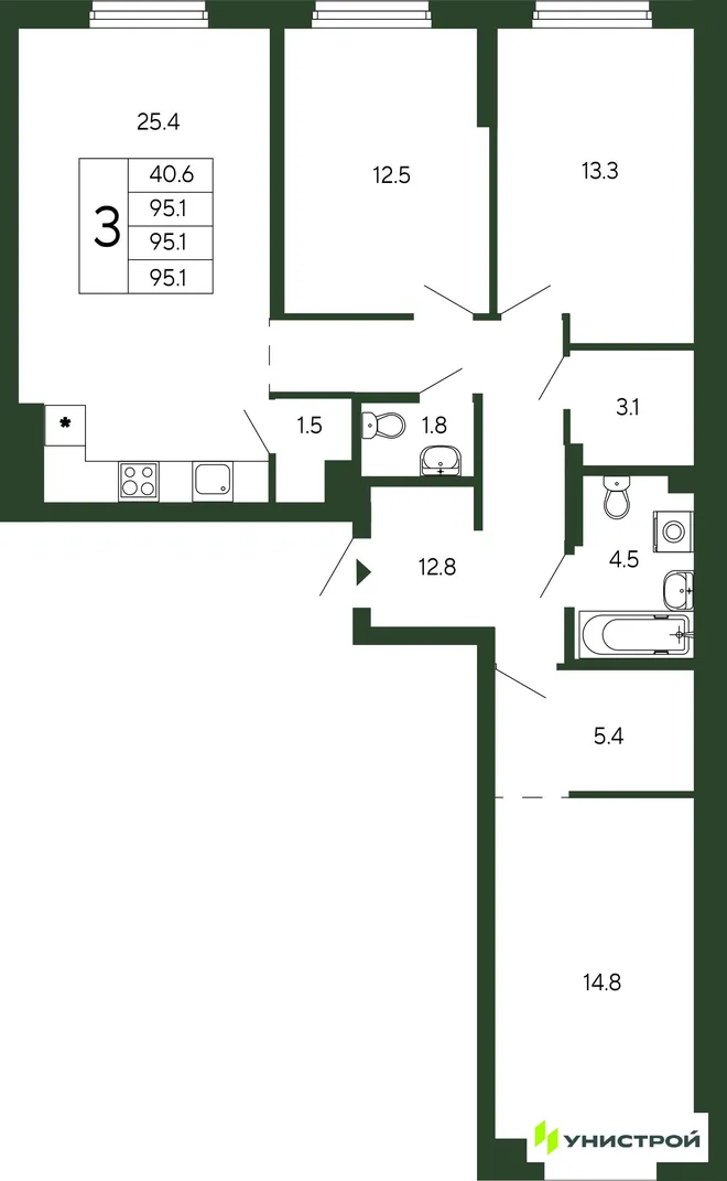 Планировка 3-комн. квартира, 95.1 м² ЖК «Парковый квартал 2.0» Планировка 3-комн. квартира, 95.1 м² ЖК «Парковый квартал 2.0»