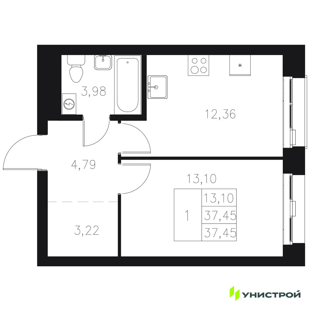 Планировка 1-комн. квартира, 37.45 м² ЖК «Statum»