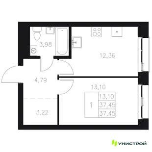 Планировка 1-комн. квартира, 37.45 м² ЖК «Statum»