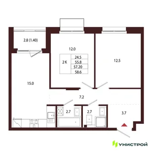 Планировка 2-комн. квартира, 57.2 м² ЖК «Лисино»