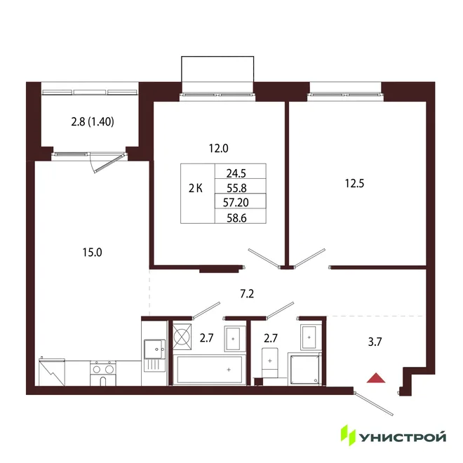 Планировка 2-комн. квартира, 57.2 м² ЖК «Лисино» Планировка 2-комн. квартира, 57.2 м² ЖК «Лисино»