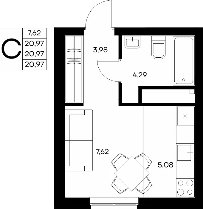 Планировка Студия, 21.79 м² ЖК «Прибрежный дом»