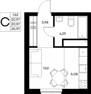 Планировка Студия, 21.79 м² ЖК «Прибрежный дом»