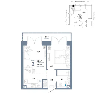 Планировка 2-комн. квартира, 40.47 м² ЖК «Страна.Озёрная»
