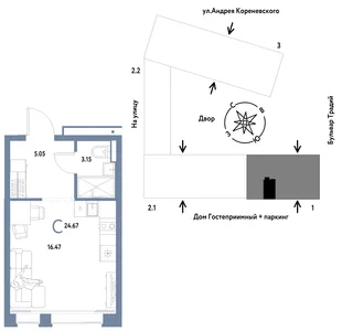 Планировка Студия, 24.67 м² ЖК «Микрорайон Домашний»