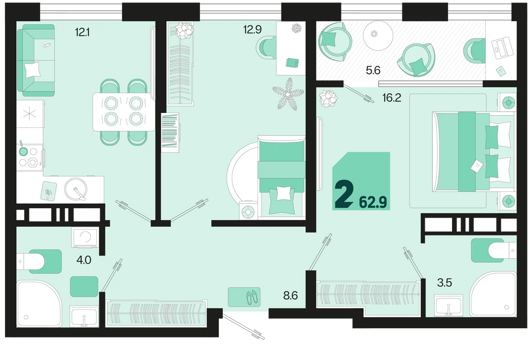 Планировка 2-комн. квартира, 62.9 м² ЖК «Первое место»