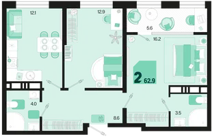 Планировка 2-комн. квартира, 62.9 м² ЖК «Первое место»