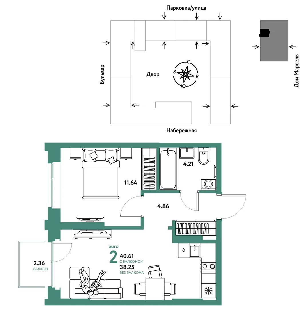Планировка 2-комн. квартира, 40.61 м² ЖК «Европейский берег 2.0»