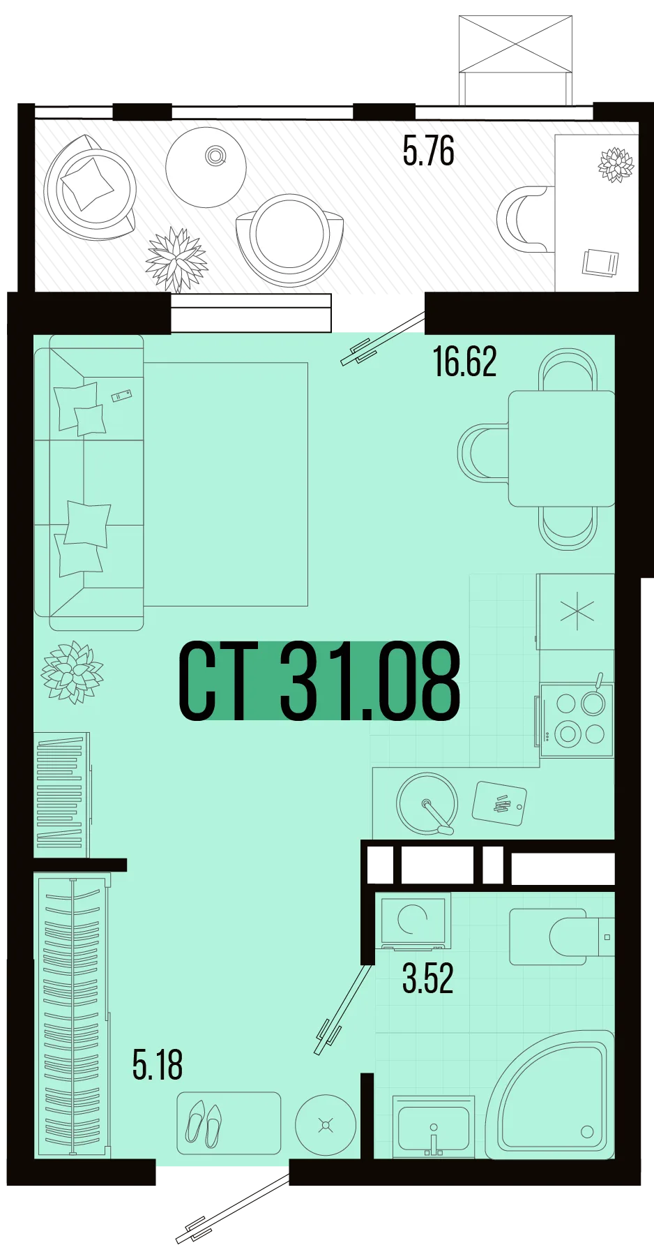 Планировка Студия, 28.2 м² ЖК «Цветной бульвар»