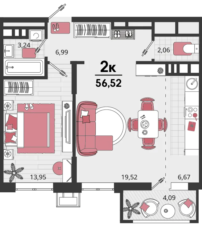 Планировка 2-комн. квартира, 56.52 м² ЖК «Родные просторы»