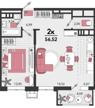 Планировка 2-комн. квартира, 56.52 м² ЖК «Родные просторы»
