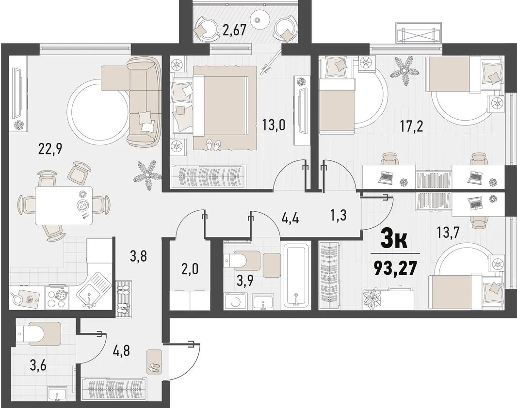 Планировка 3-комн. квартира, 93.27 м² ЖК «Барса»
