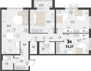 Планировка 3-комн. квартира, 93.27 м² ЖК «Барса»