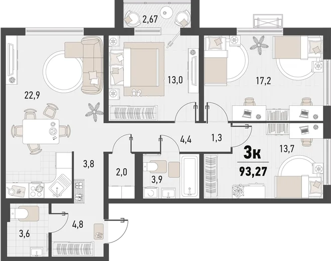 Планировка 3-комн. квартира, 93.27 м² ЖК «Барса» Планировка 3-комн. квартира, 93.27 м² ЖК «Барса»