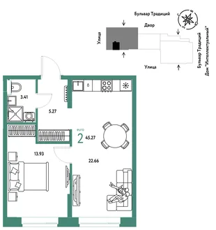 Планировка 2-комн. квартира, 45.27 м² ЖК «Микрорайон Домашний»