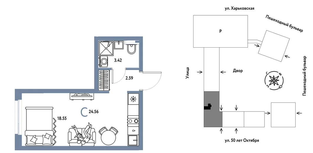 Планировка Студия, 24.56 м² ЖК «Сердце Сибири»