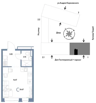 Планировка Студия, 24.67 м² ЖК «Микрорайон Домашний»
