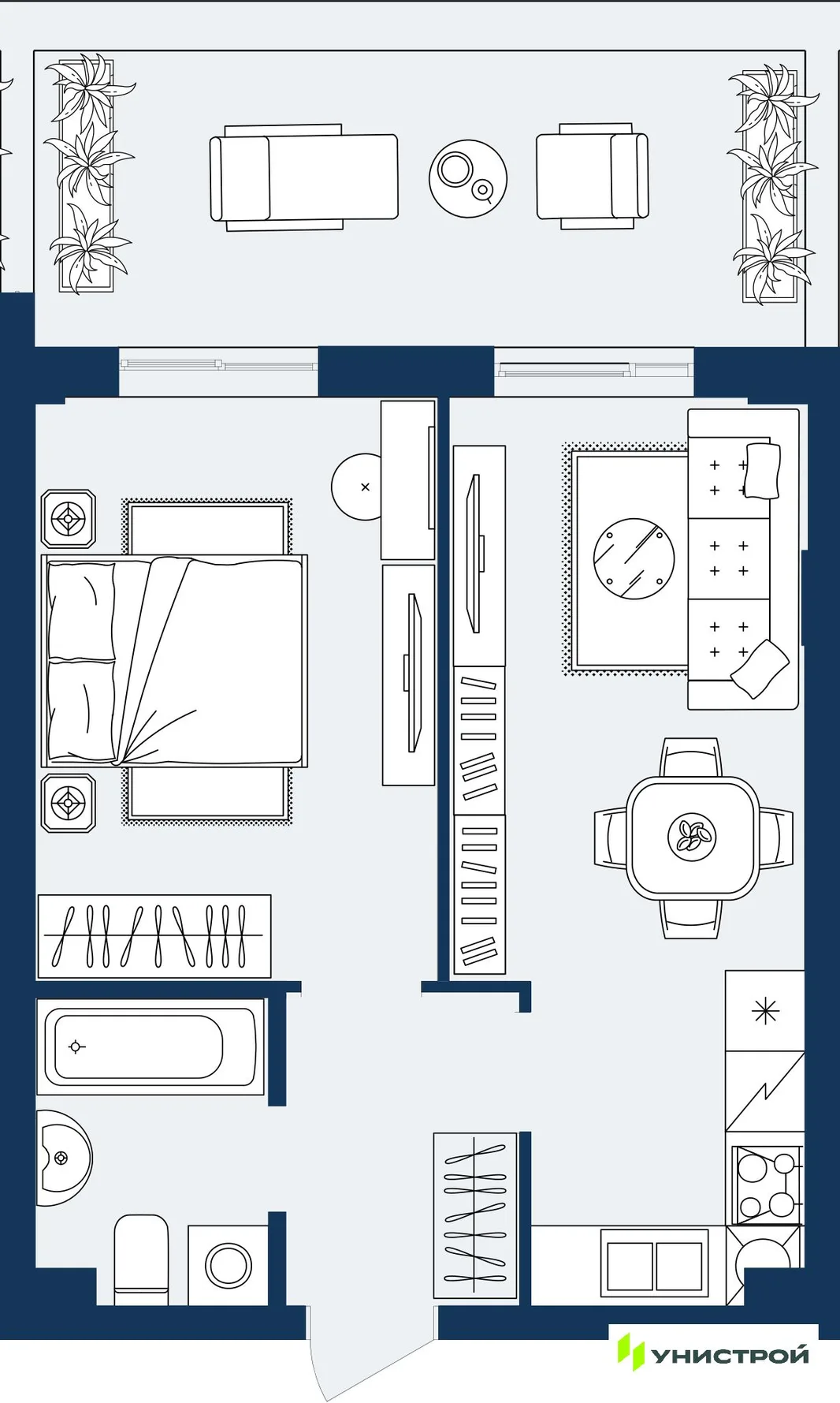 Планировка 1-комн. квартира, 41.53 м² ЖК «ГРАНД БЕРЕГ»