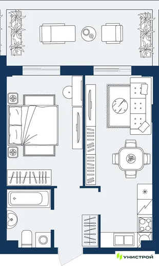 Планировка 1-комн. квартира, 41.53 м² ЖК «ГРАНД БЕРЕГ»