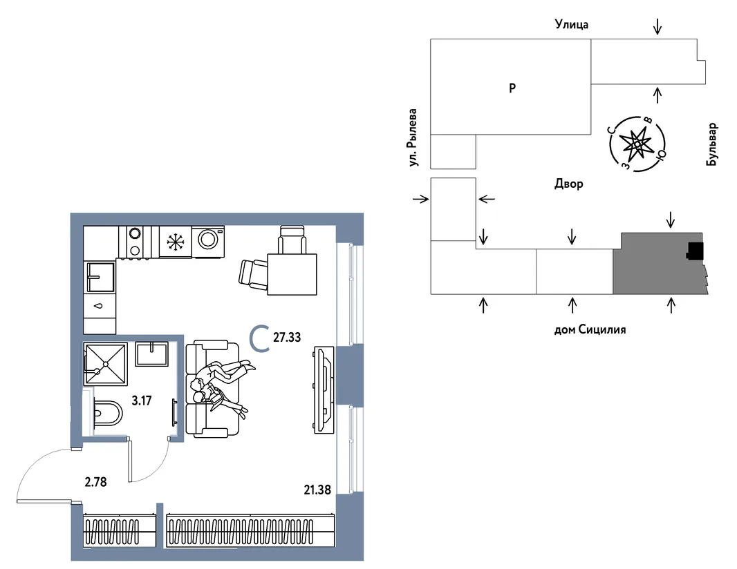 Планировка Студия, 27.33 м² ЖК «Остров-сад»