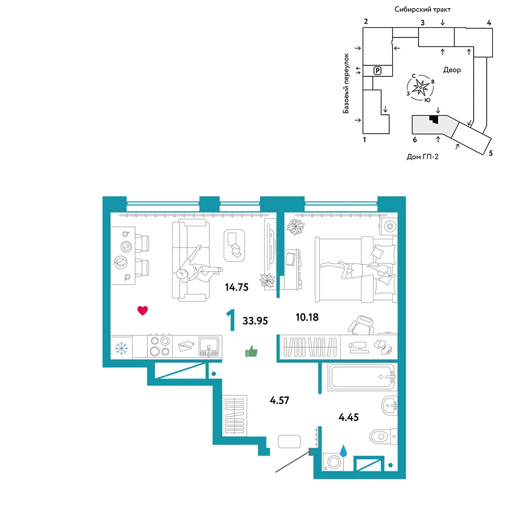 Планировка 1-комн. квартира, 33.95 м² ЖК «Сибирский сад»