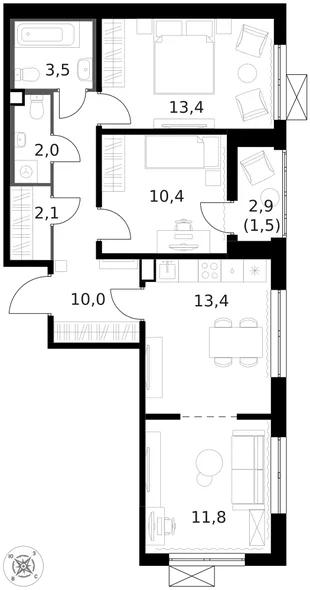 Квартира 3-комн. квартира, 68.3 м² ЖК «1-й Ленинградский» Фото 1