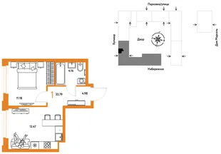 Планировка 1-комн. квартира, 33.79 м² ЖК «Европейский берег 2.0»