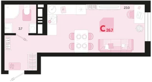 Планировка Студия, 26.7 м² ЖК «Первое место»