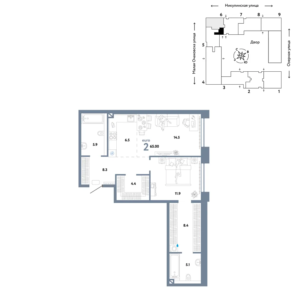 Планировка 2-комн. квартира, 65 м² ЖК «Страна.Озёрная»