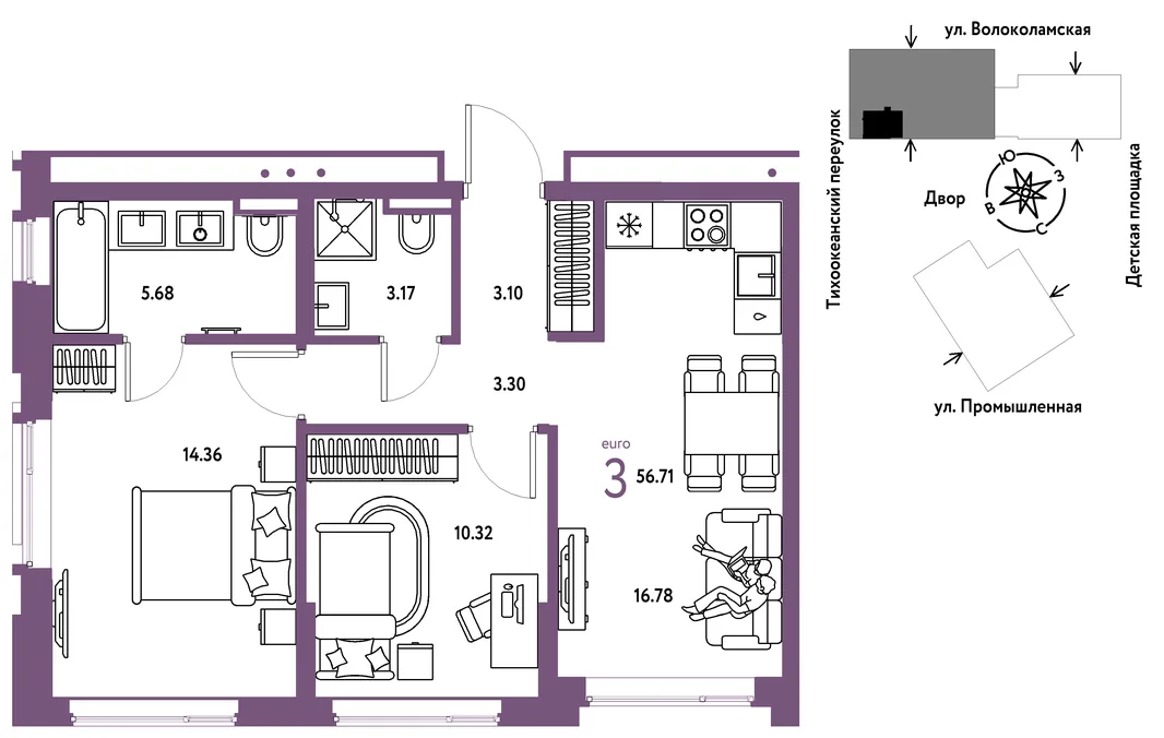 Планировка 3-комн. квартира, 56.71 м² ЖК «Страна Прибрежная»