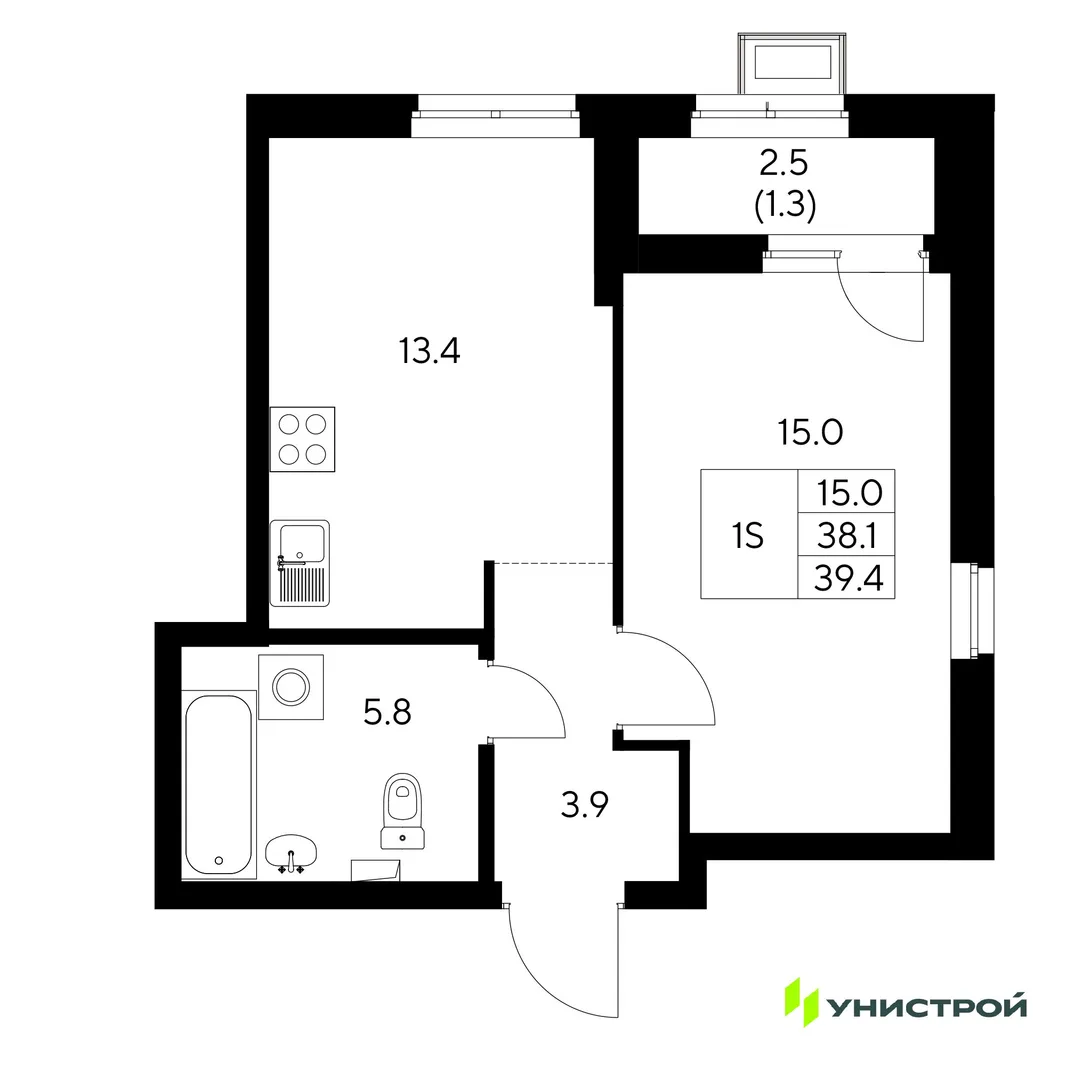Планировка 1-комн. квартира, 39.4 м² ЖК «Стадиум»