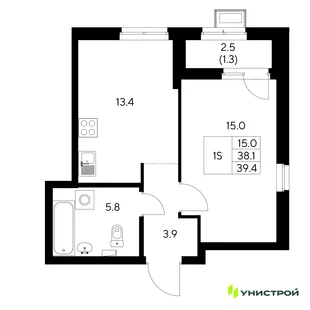 Планировка 1-комн. квартира, 39.4 м² ЖК «Стадиум»