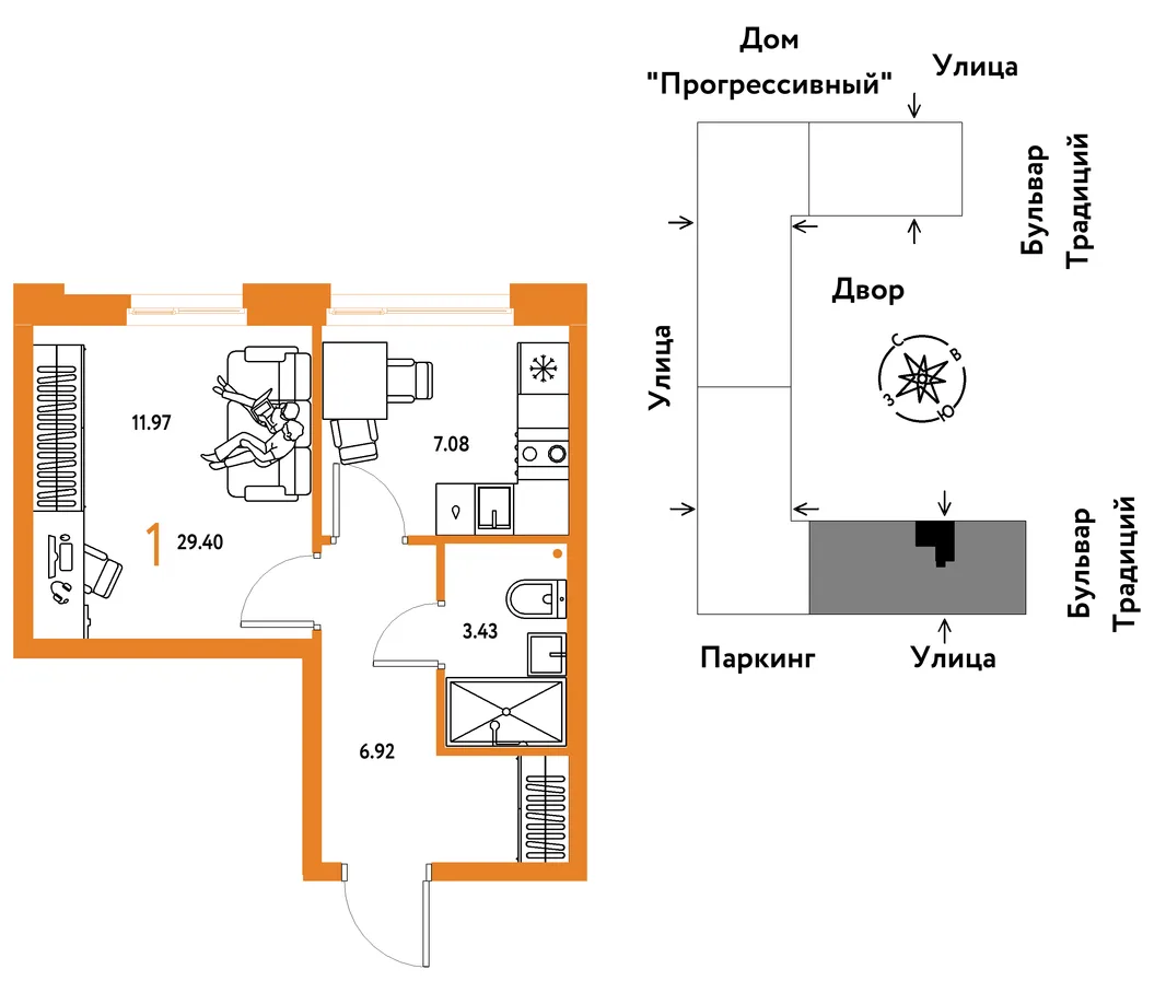 Планировка 1-комн. квартира, 29.4 м² ЖК «Микрорайон Домашний»