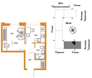 Планировка 1-комн. квартира, 29.4 м² ЖК «Микрорайон Домашний»