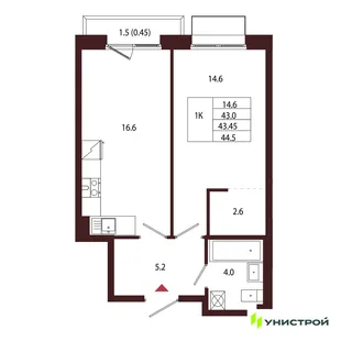 Планировка 1-комн. квартира, 43.45 м² ЖК «Лисино»