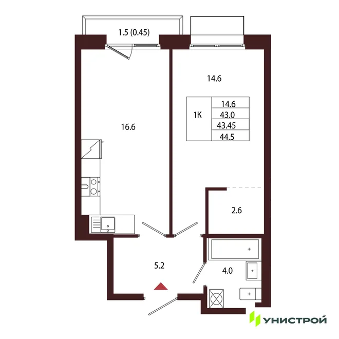 Планировка 1-комн. квартира, 43.45 м² ЖК «Лисино» Планировка 1-комн. квартира, 43.45 м² ЖК «Лисино»