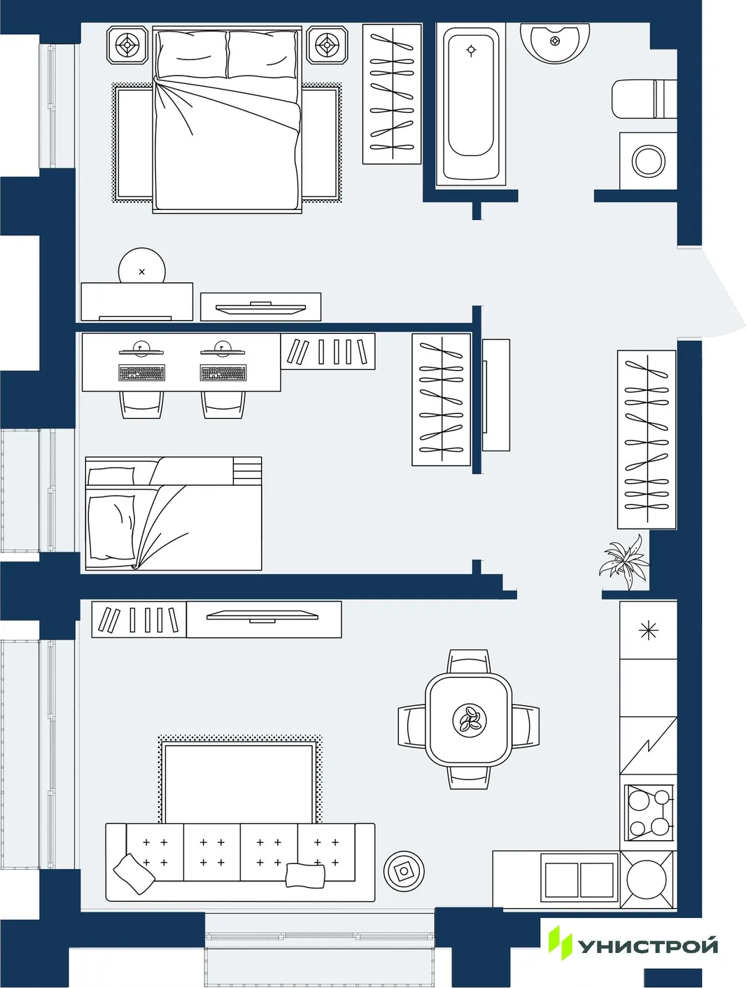Планировка 2-комн. квартира, 56.02 м² ЖК «ГРАНД БЕРЕГ»
