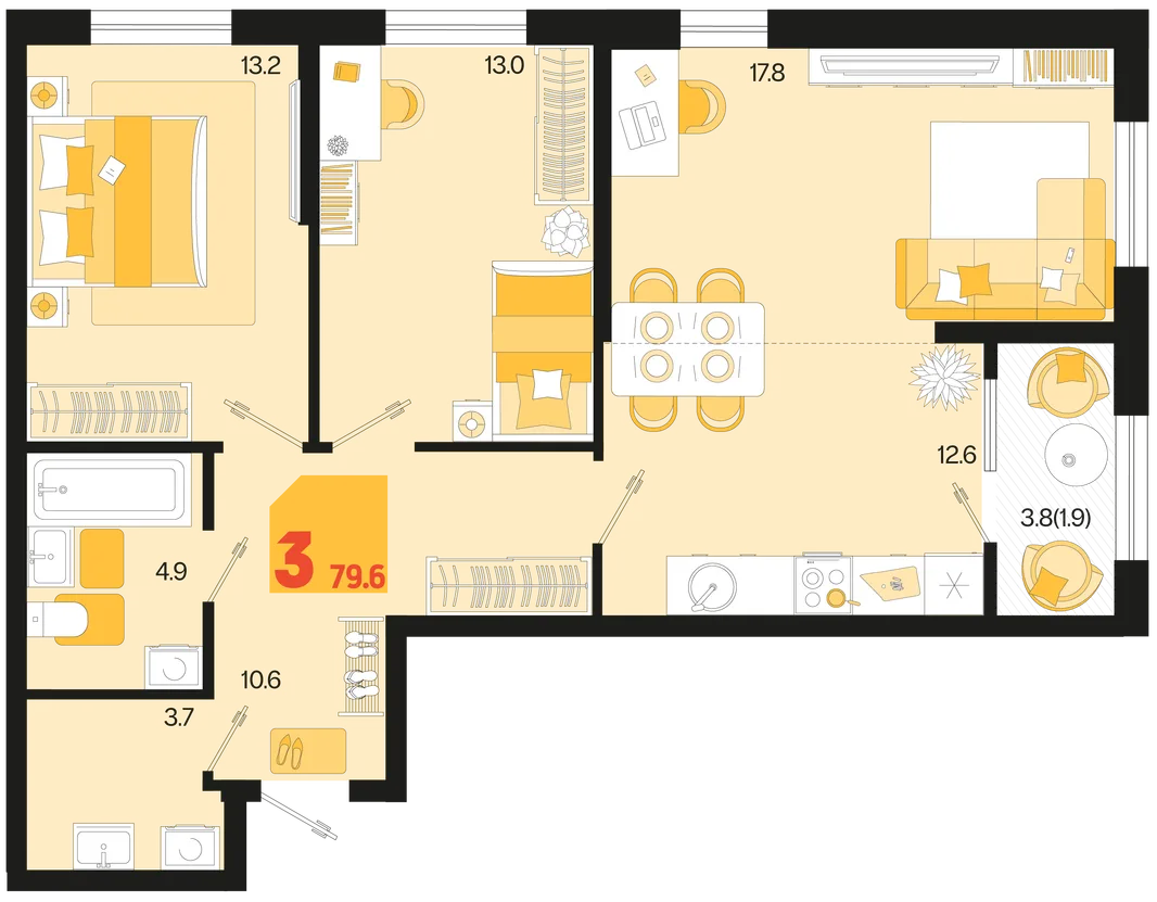 Планировка 3-комн. квартира, 79.6 м² ЖК «Первое место»