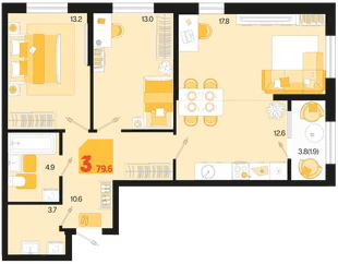 Планировка 3-комн. квартира, 79.6 м² ЖК «Первое место»