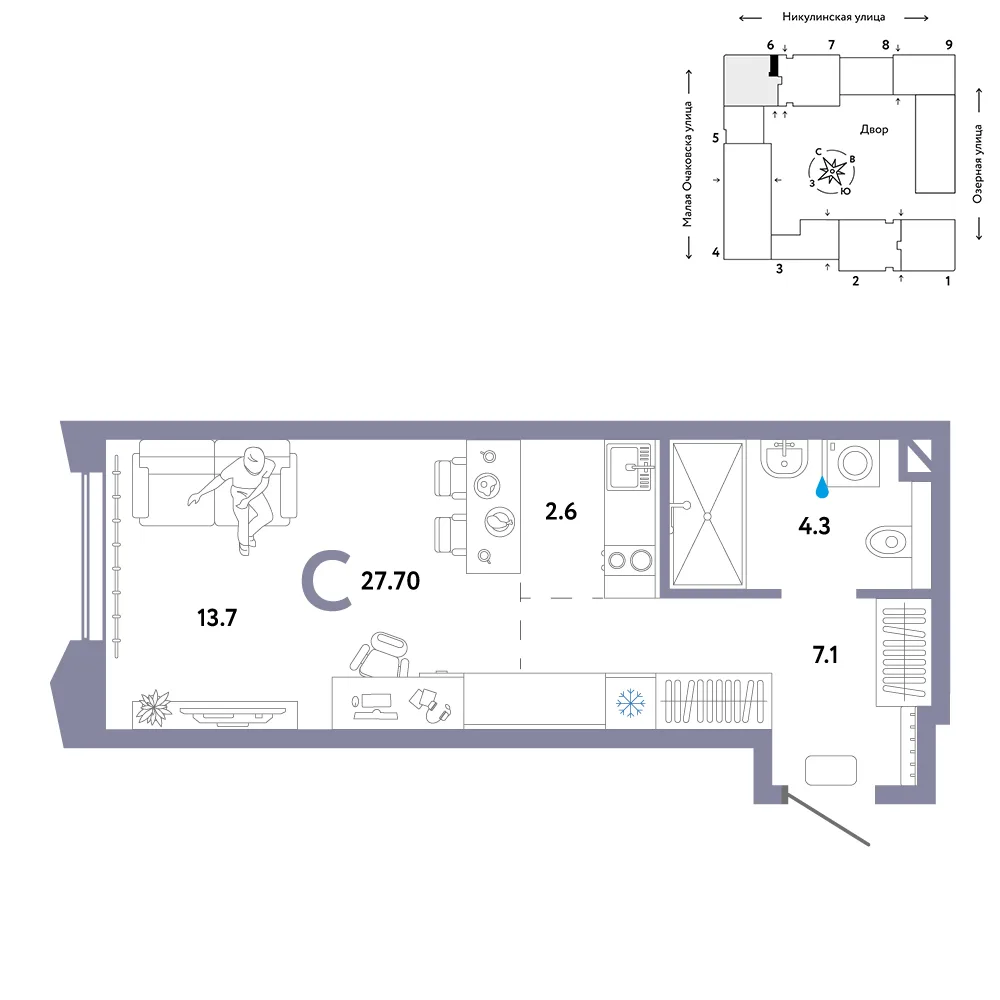 Планировка Студия, 27.7 м² ЖК «Страна.Озёрная»