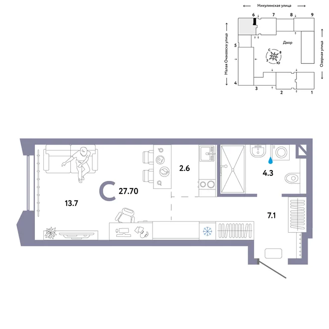 Планировка Студия, 27.7 м² ЖК «Страна.Озёрная» Планировка Студия, 27.7 м² ЖК «Страна.Озёрная»