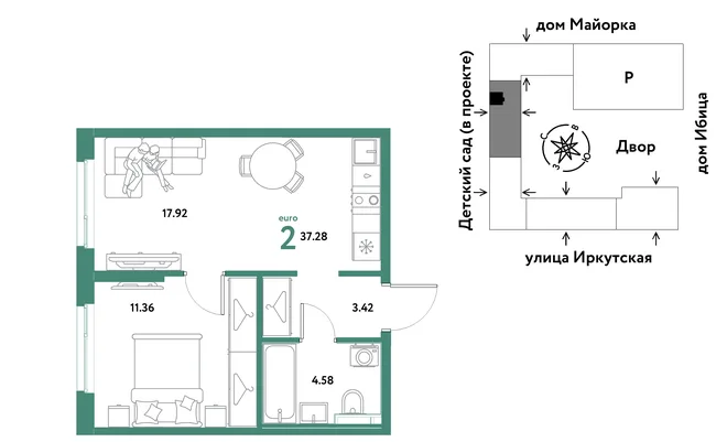 Планировка 2-комн. квартира, 37.28 м² ЖК «Остров-сад» Планировка 2-комн. квартира, 37.28 м² ЖК «Остров-сад»