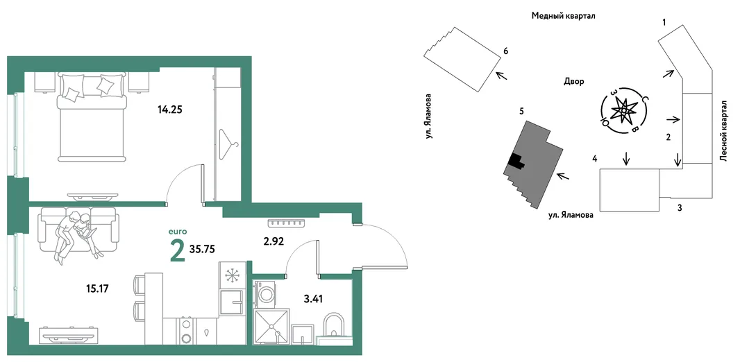 Планировка 2-комн. квартира, 35.75 м² ЖК «Сибирский сад»