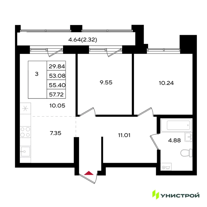 Планировка 3-комн. квартира, 55.38 м² ЖК «Уникум на Энгельса» Планировка 3-комн. квартира, 55.38 м² ЖК «Уникум на Энгельса»