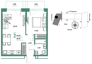 Планировка 2-комн. квартира, 45.52 м² ЖК «Авторский»