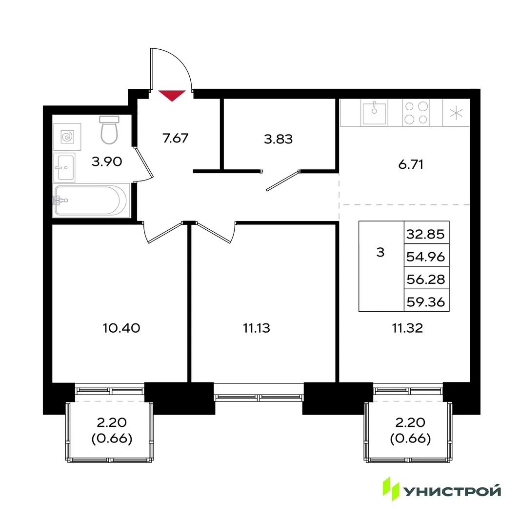Планировка 3-комн. квартира, 56.28 м² ЖК «Уникум на Энгельса»
