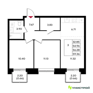 Планировка 3-комн. квартира, 56.28 м² ЖК «Уникум на Энгельса»