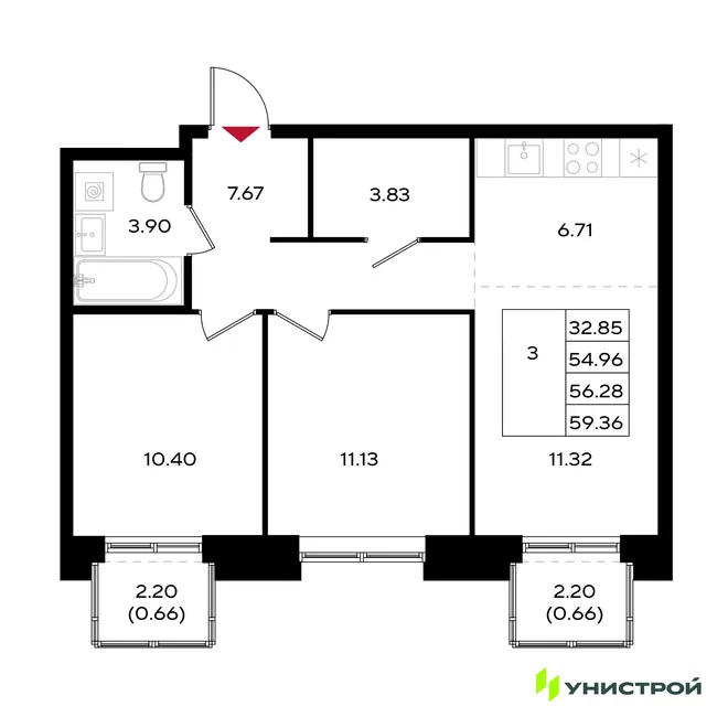 Планировка 3-комн. квартира, 56.28 м² ЖК «Уникум на Энгельса» Планировка 3-комн. квартира, 56.28 м² ЖК «Уникум на Энгельса»